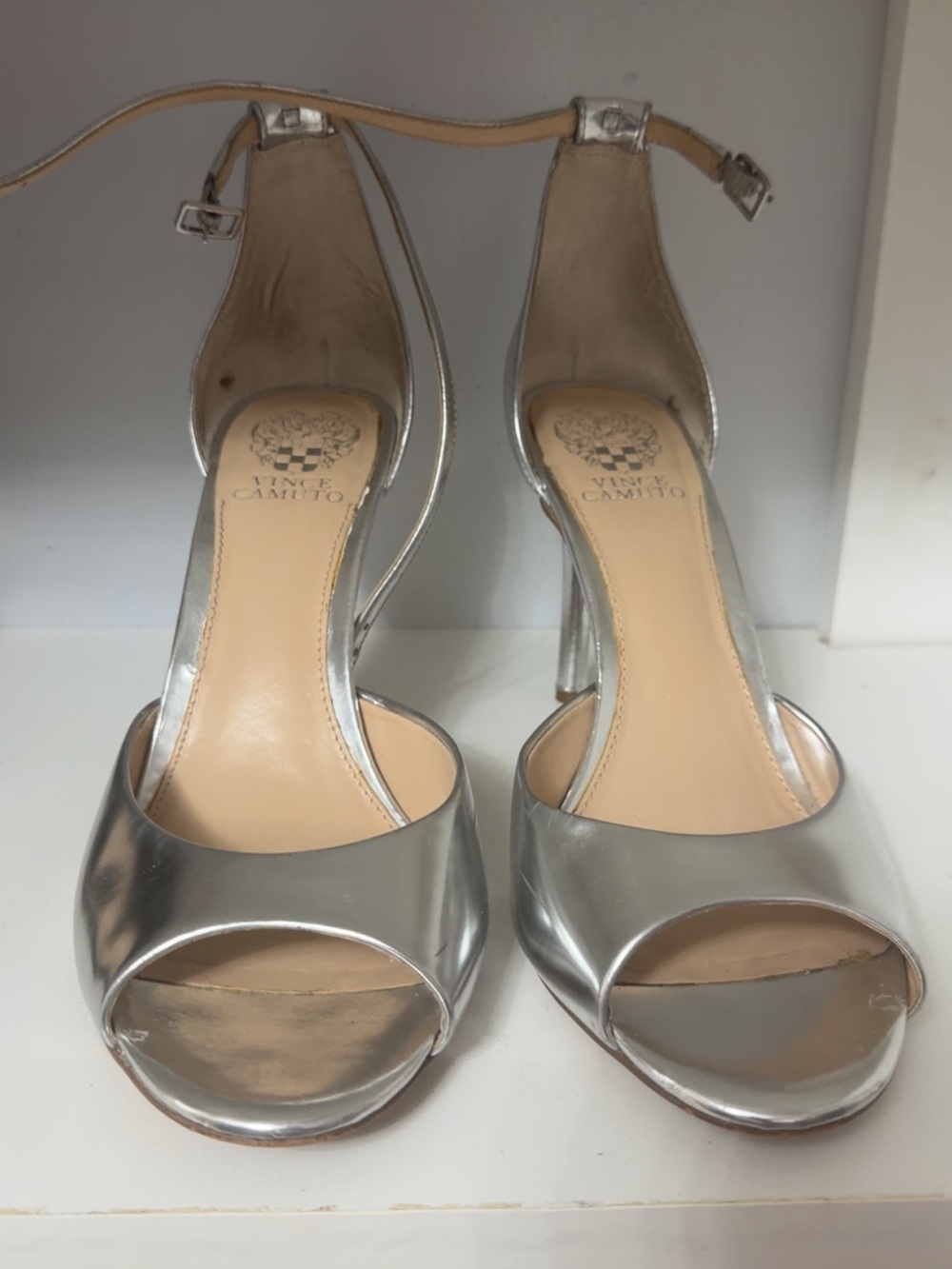 Vince Camuto Metallic Silver Ankle-Strap Open-Toe Heels